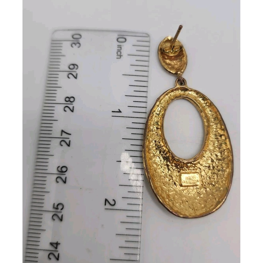 Vintage Bellezza Italy Hammered Gold Tone Dangle Oval Designer Pierced Earrings - Picture 11 of 11
